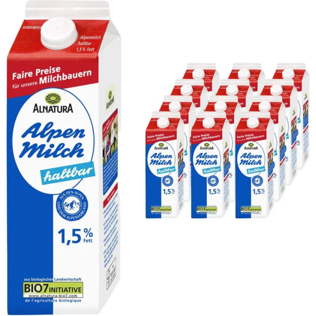 Milch Alnatura fettarme H-Milch 1,5% Fett Haltbare Alpenmilch, je 1 Liter, 12 Stück