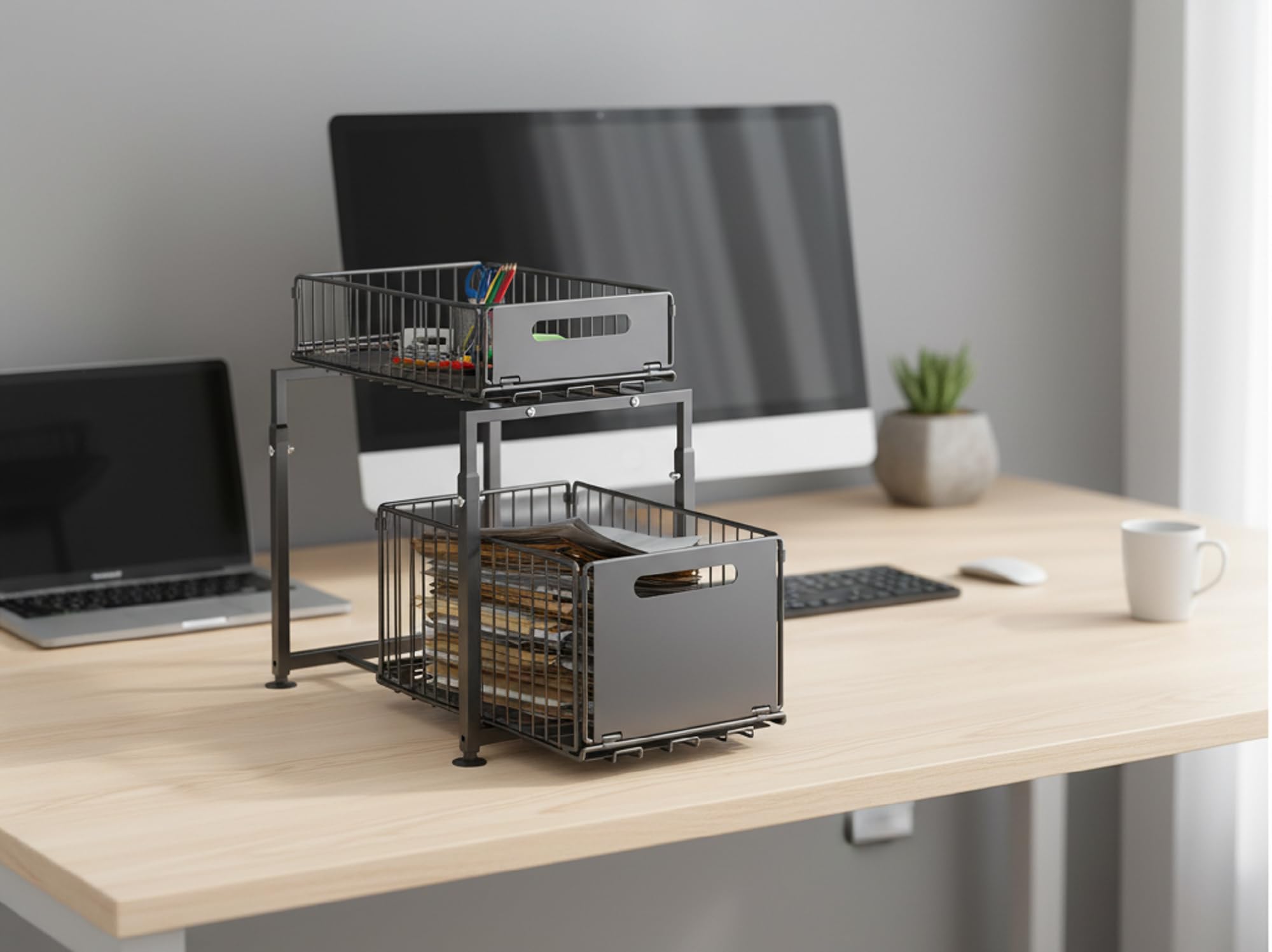 Estantería de Cocina, Organizador de Oficina, de pie, Organizador de Cocina, Archivador Oficina - Almacenaje Cocina - Estantería con Dos Cestas Extensibles- Negro con Dos Niveles.