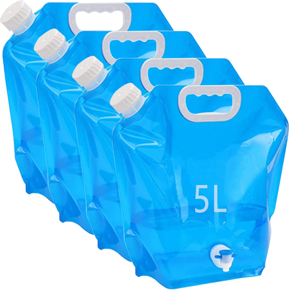 Kamiya 5L Faltbarer Wasserkanister mit Dichtem Deckel,Flexibler Wasserkanister,5 Liter Faltbarer Wasserkanister Bpa-Frei für Outdoor Camping (4 x 5L mit Ventil)