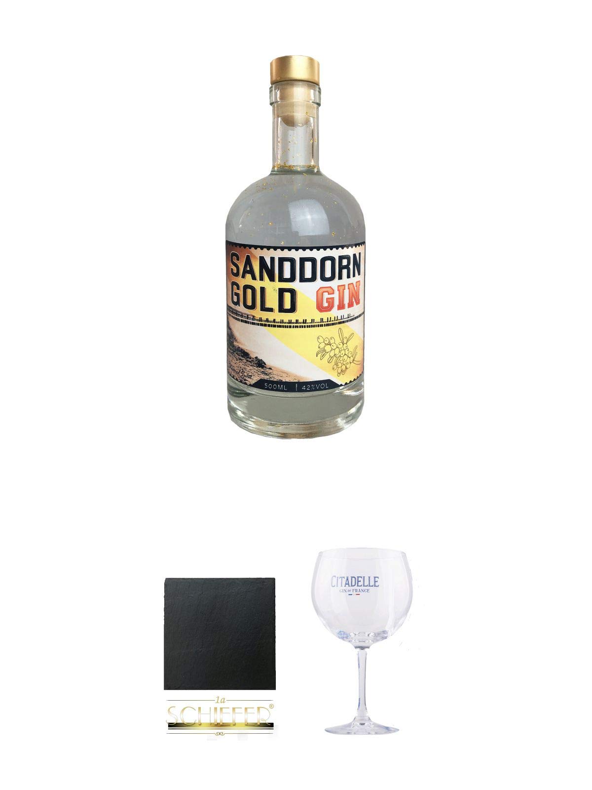 SANDDORN GOLD GIN 0,5 Liter 42% + Schiefer Glasuntersetzer eckig ca. 9,5 cm Durchmesser + Citadelle Ballon GIN Glas 1 Stück