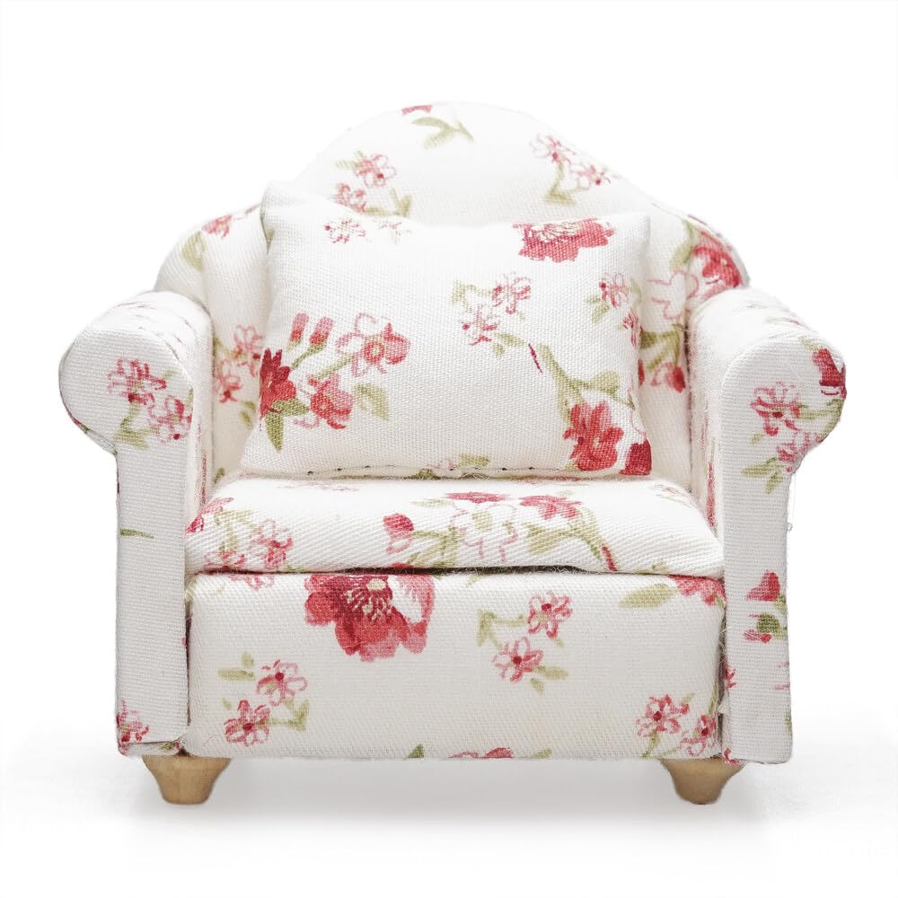 Odoria Dollhouse Armchair Sofa Miniature - 1/12 Scale Accent Chair for Vintage Country Living Room - Mini Club Lounge Chair Wood Furniture Upholstered