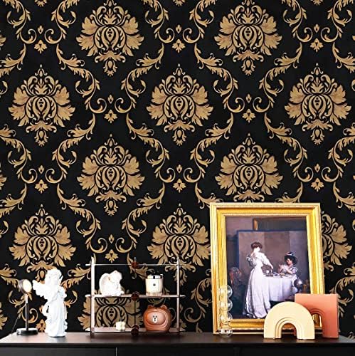 17.7"×118" Peel and Stick Wallpaper Gold and Black Contact Paper Flower Wallpaper Self Adhesive Removable Wallpaper Decorative Wall Paper Vinyl