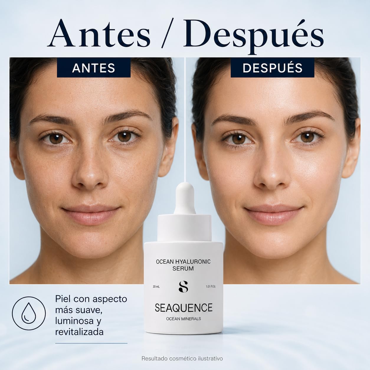 SEAQUENCE Ocean Hyaluronic Serum 30 ml | Sérum Facial Hidratante con Ormus Marino, Ocean Trace Minerals y 5 Tipos de Ácido Hialurónico | Luminosidad, Elasticidad y Firmeza | Todo Tipo de Piel