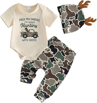 Daddys Little Buddy Baby Boy Outfit Letter Fish Print Long Sleeve Romper Camouflage Pants and Hat Fall Outfit