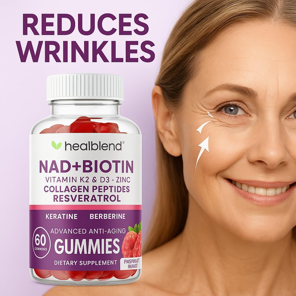 healblend NAD+ Biotin Gummies – Collagen Peptides, Resveratrol, Keratin & Berberine – Anti-Aging Hair, Skin & Nail Support – Vitamin K2 & D3, Zinc – Raspberry Flavor – 60 Gummies (1)