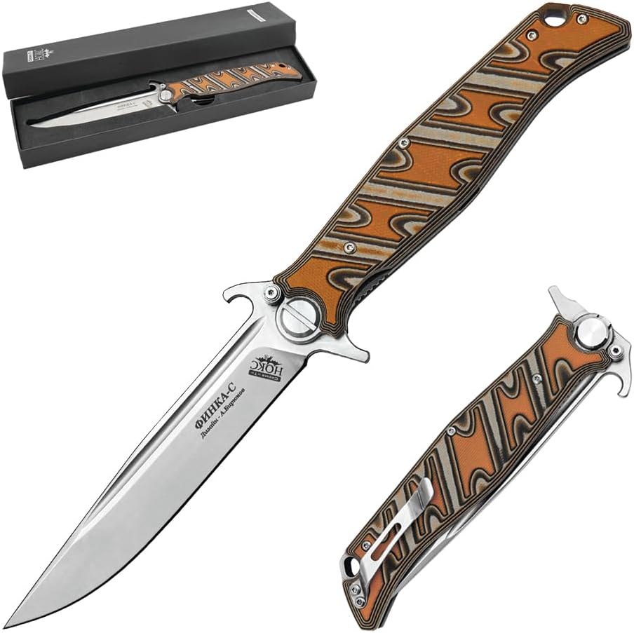 HOKC Finnish-S | 342- 009406 | Pocket Knife, EDC Knife by Official Dealer - Designed by Russian Master Aleksander Biryukov - Liner Lock, Lawks Safety System, G10 Handle, Thumb Stud, Finger Flipper, Long and Durable D2 Stainless Tool Steel, Stone Wash Finished - Ideal for Camping & Hunting