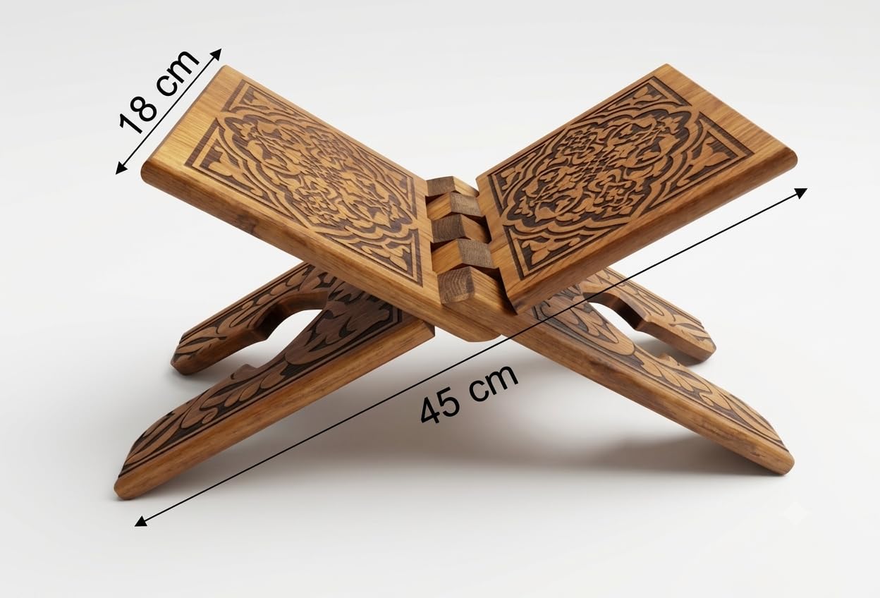 Elar Wooden Ahşap Rahle - Selçuklu Motifli Oyma Kitap ve Kur'an-ı Kerim Standı, Katlanabilir (45 cm uzunluk, 18 cm genişlik) – Kuran-ı Kerim ve Büyük Boy Kitap Tutucu (45 cm)