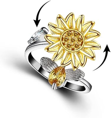 Rotating Planet Sunflower Fidget Spinner Anxiety Ring Open Adjustable Flower Cubic Zirconia Crystal Bead Stress Relief Stacking Band Ring for Women Men Girl Jewelry Gift-C sunflower