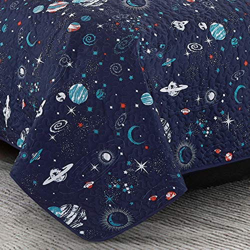 Wpm World Products Mart Blue Planet Universe Theme Kids Quilt Set Toddler Stars Space Galaxy Rocket Design Full Size Quilt For Toddler Bed Quilted Bedspread Coverlet With Pillow Shams (Pandora, Full) #TOP1