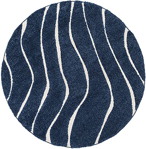 Image of Abstract Wavy Design Round Shaggy Carpet for Living Room, Bedroom, High Low Design Finish Microfiber 1.8 Inch Pile High, 5x5 Feet Dark Blue|Cream Color