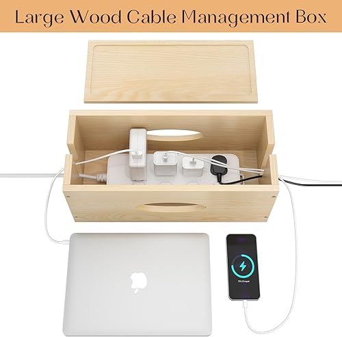 Miniatura 4 de Paquete de 2 cajas grandes de madera de pino, organizador de cables, cubierta organizadora de cables, ocultadores de salida de piso para cables de