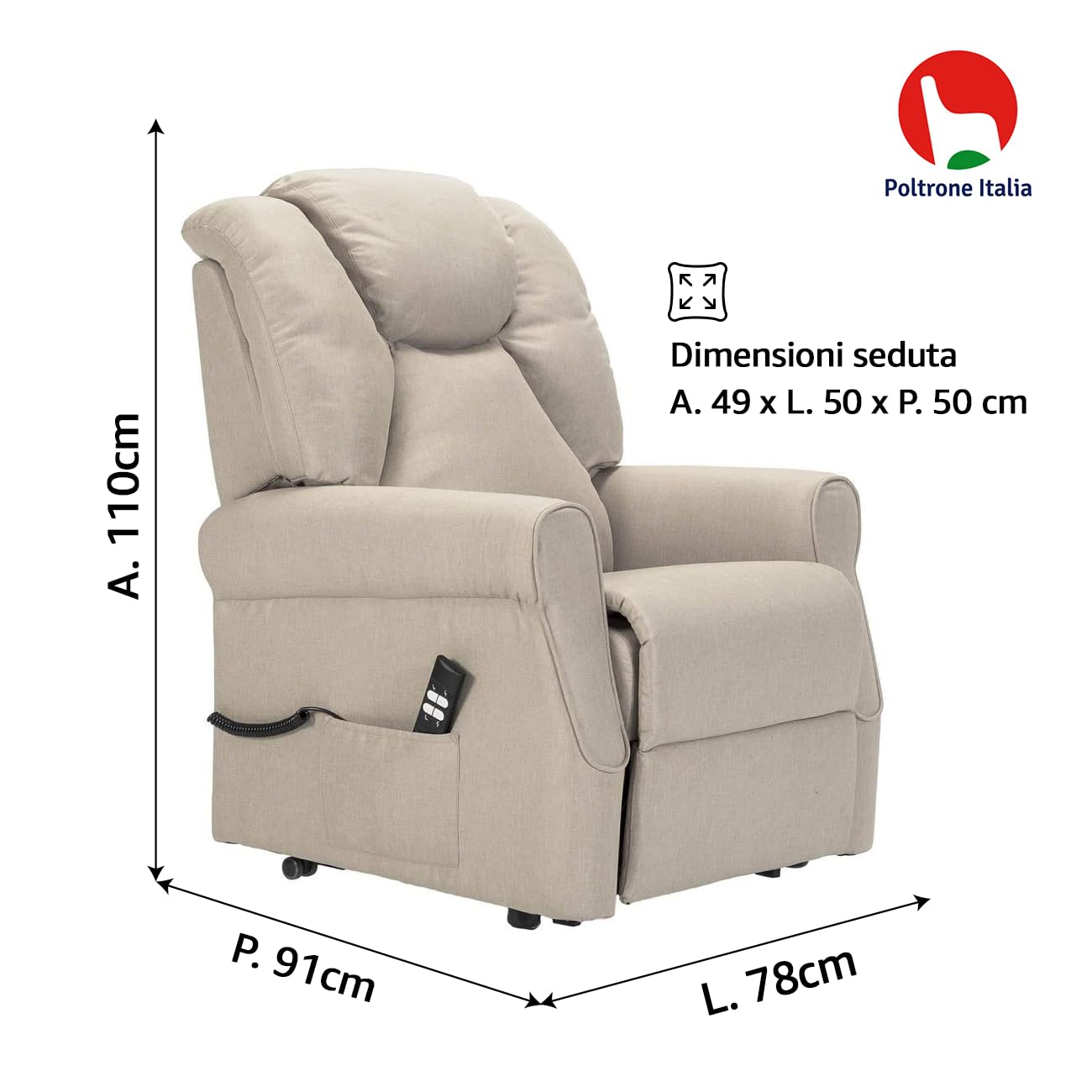 POLTRONE ITALIA Angela1 Fauteuil releveur Relax Dispositif Médical Vibromassage kit 4 Roues siège à Micro-Ressorts Doux résistant aux Taches Fauteuil électrique Fauteuil inclinable Gris Claire