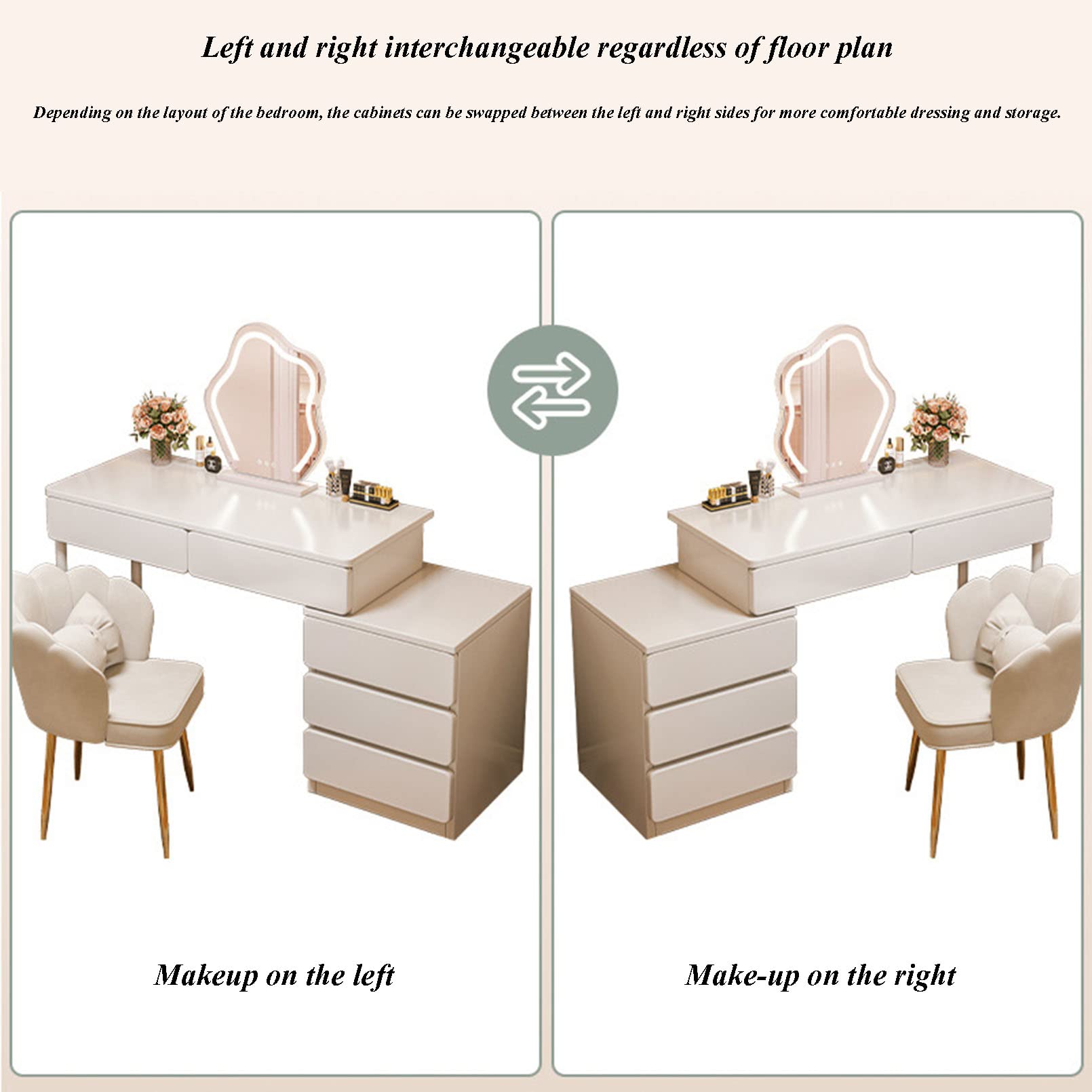 MIRROTOWEL Scrivania con specchio e luci, tavolo da toeletta con grande cassetto, cassettiera a 2 livelli e 3 modalità di illuminazione luminosità regolabile, adatta per camera da letto