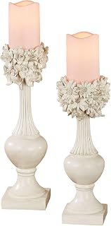 Elegant Daisies and Daffodils Floral Urn Shaped Candleholders Ivory with Taupe Set Set of 2