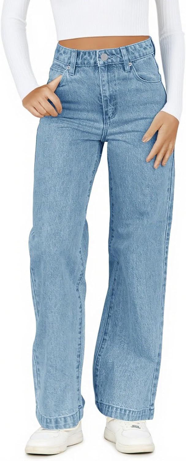 Haloumoning Girl’s Elastic Waist Jeans Straight Leg Demin Pants Casual Stretch Long Pants with Pockets 5-14 Years