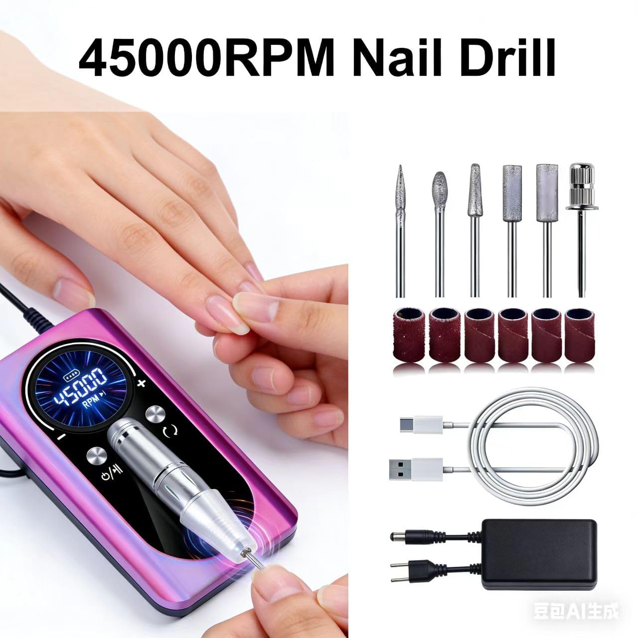 mcdhhemoProfessional Purple Electric Nail Drill Machine, Cordless Rechargeable Efile Nail Drill for Acrylic Nails, Portable Manicure Pedicure Kit, Electric Nail File Grinder Set for Salon Home Use