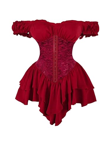 WDIRARA Women's Off Shoulder Layered Ruffle Corset Dress Gothic Short Sleeve Bustier Mini Dresses - Small - Burgundy