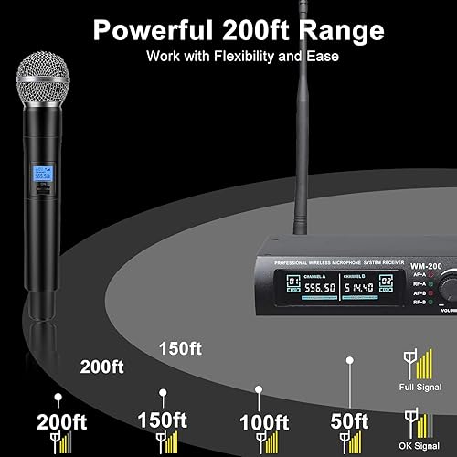 Miniatura 3 de Sistema de micrófono inalámbrico, juego de micrófono inalámbrico de metal UHF dual, larga distancia de 150 a 200 pies, 16 horas continuas