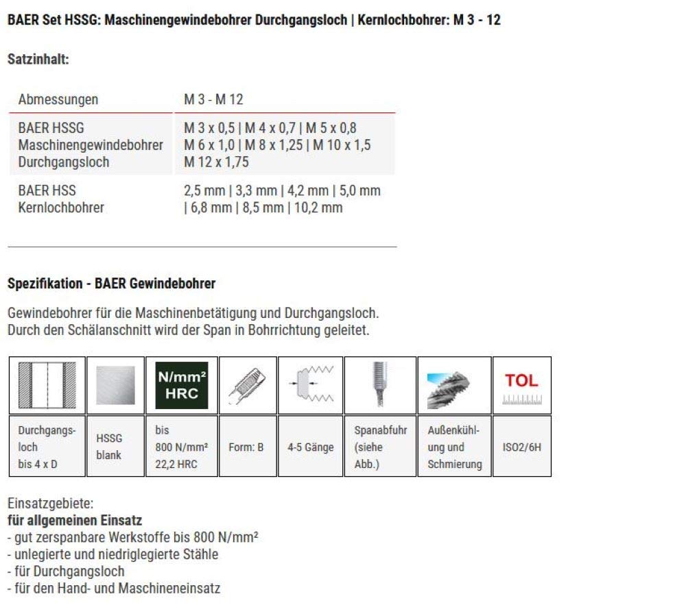 BaerCoil Gewindeschneider Set BAER HSSG: Maschinengewindebohrer Durchgangsloch | Kernlochbohrer: M 3-12 - Gewindeschneidersatz - Bohrer Set - Gewindebohrer - Gewindeschneiden - Gewinde - bohren
