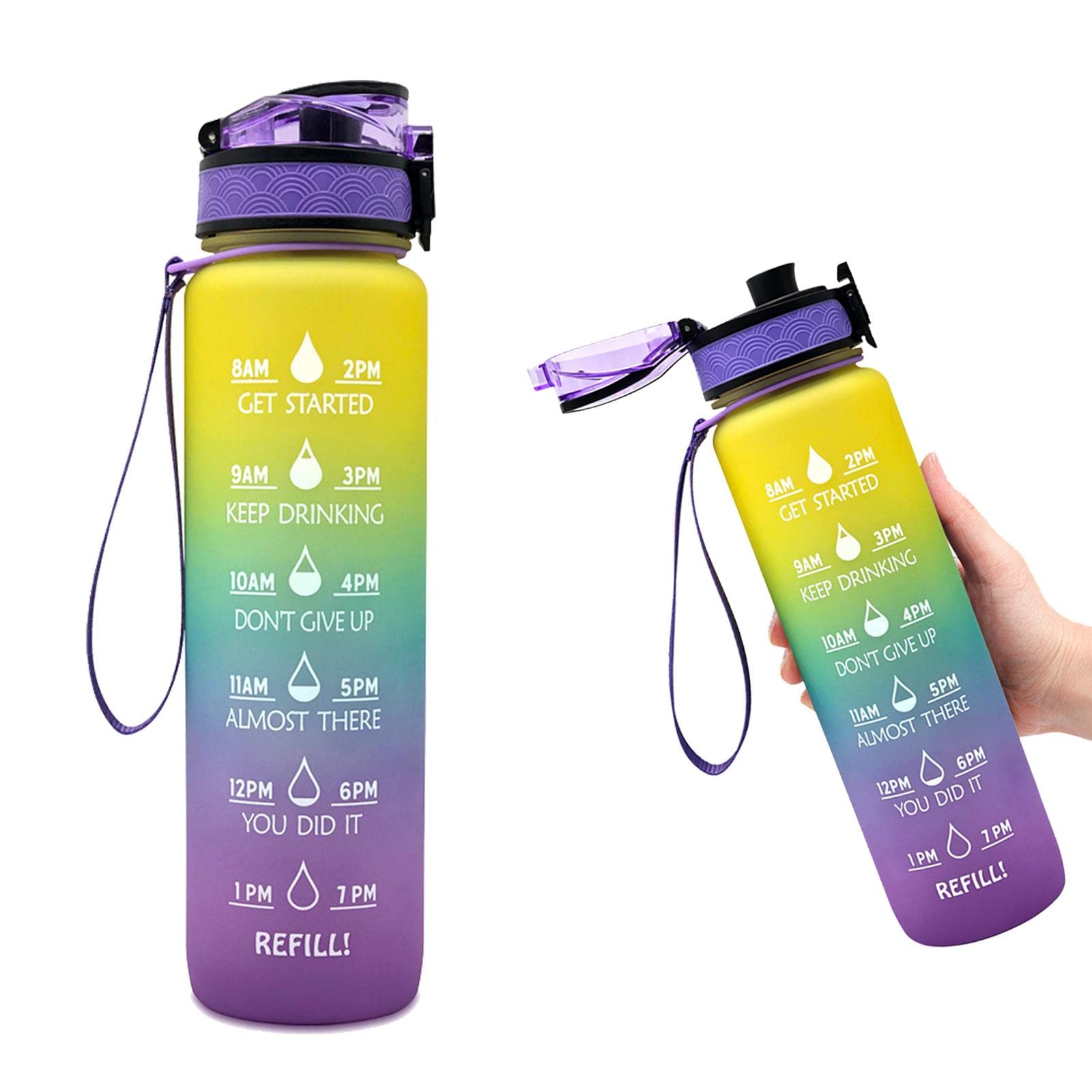 Gallon Water Bottle With Straw,Water Bottles With Times to Drink, Kids Water Bottle for School, Gym Water Bottle 32oz Big Sports Water Bottle Simple Modern Cute Water Bottles For Girls Yellowpurple