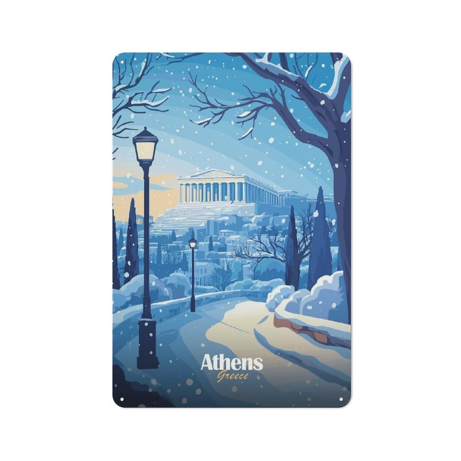 Junmoney Style-20 Snowy Athens Rustic Tin Wall Plaque 30X20cm For Hobby Room Or Studio, A New Home Present For Creative Interior Collectors