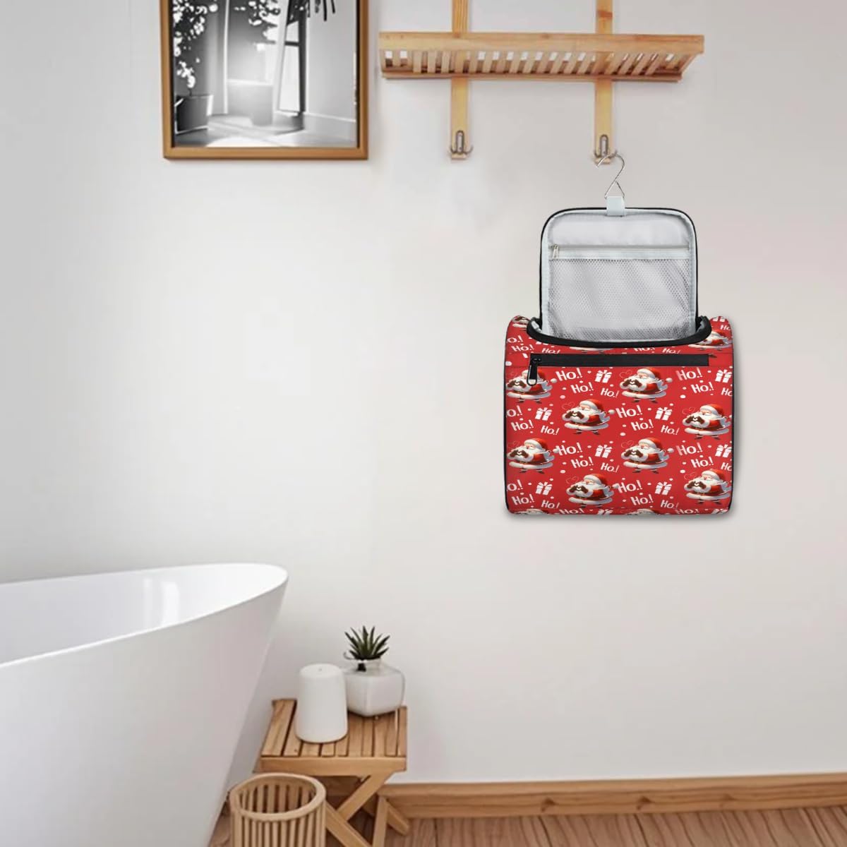 cfpolar Toiletry Bag for Women, Cute Santa Claus Xmas Hanging Travel Toiletry Bag, Water-resistant Cosmetic Makeup Organizer for Toiletries and Cosmetics, Bathroom Shower Bag with Handle and Hook