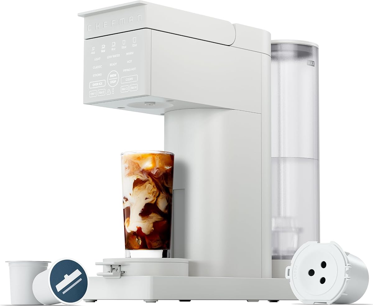 Cafetera de una sola porción Caffeinator, tazas y molidos para preparar, máquina de café por goteo con ajustes de intensidad de preparación, función de café helado, 45 oz. Depósito de agua extraíble