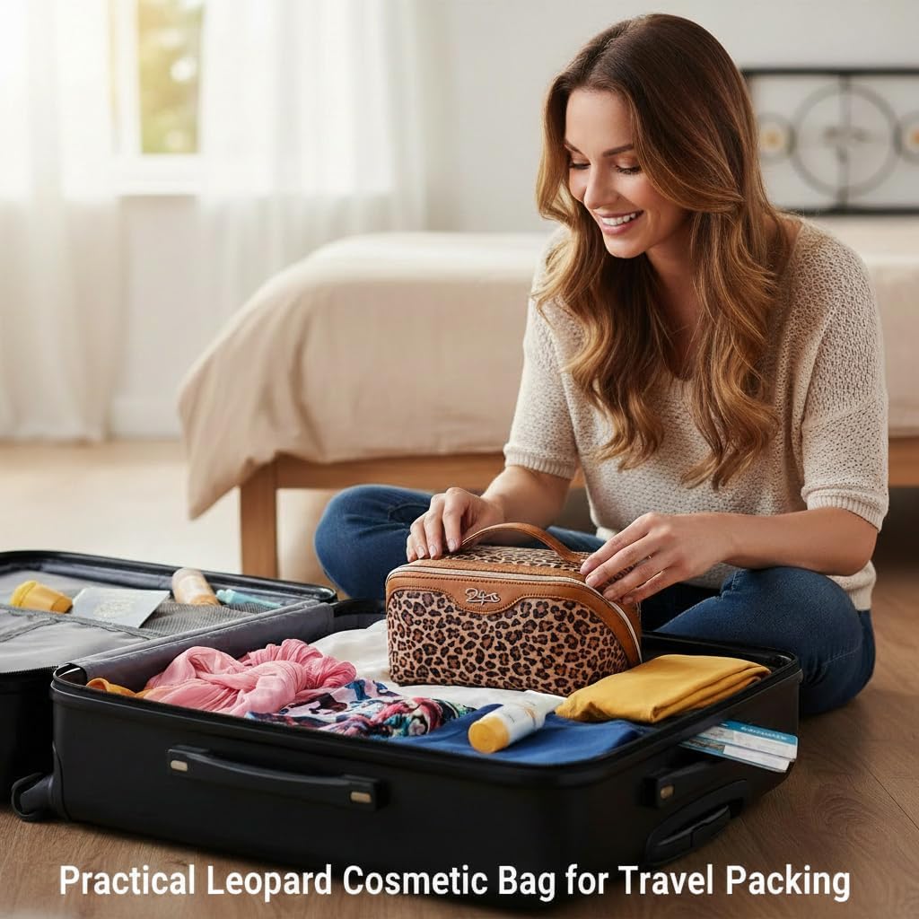 BOYATU Travel Makeup Bag for Women: 3-in-1 Modular Leopard Print Cosmetic Bag Set for 3-15 Day Trips - Waterproof Vegan Leather Toiletry Bag - Perfect for Party/Festival/Night Out - Gift Box (Brown)