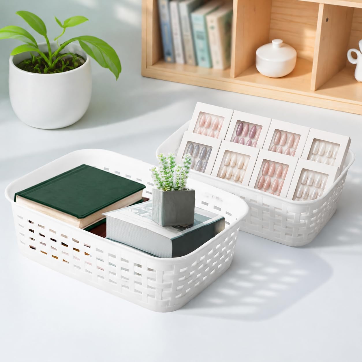 Storage Baskets, 3 Pack, White, Small | Organizer Bins, Plastic Bins for Organizing, for Cabinets, Home, Shelves, Office, Closet
