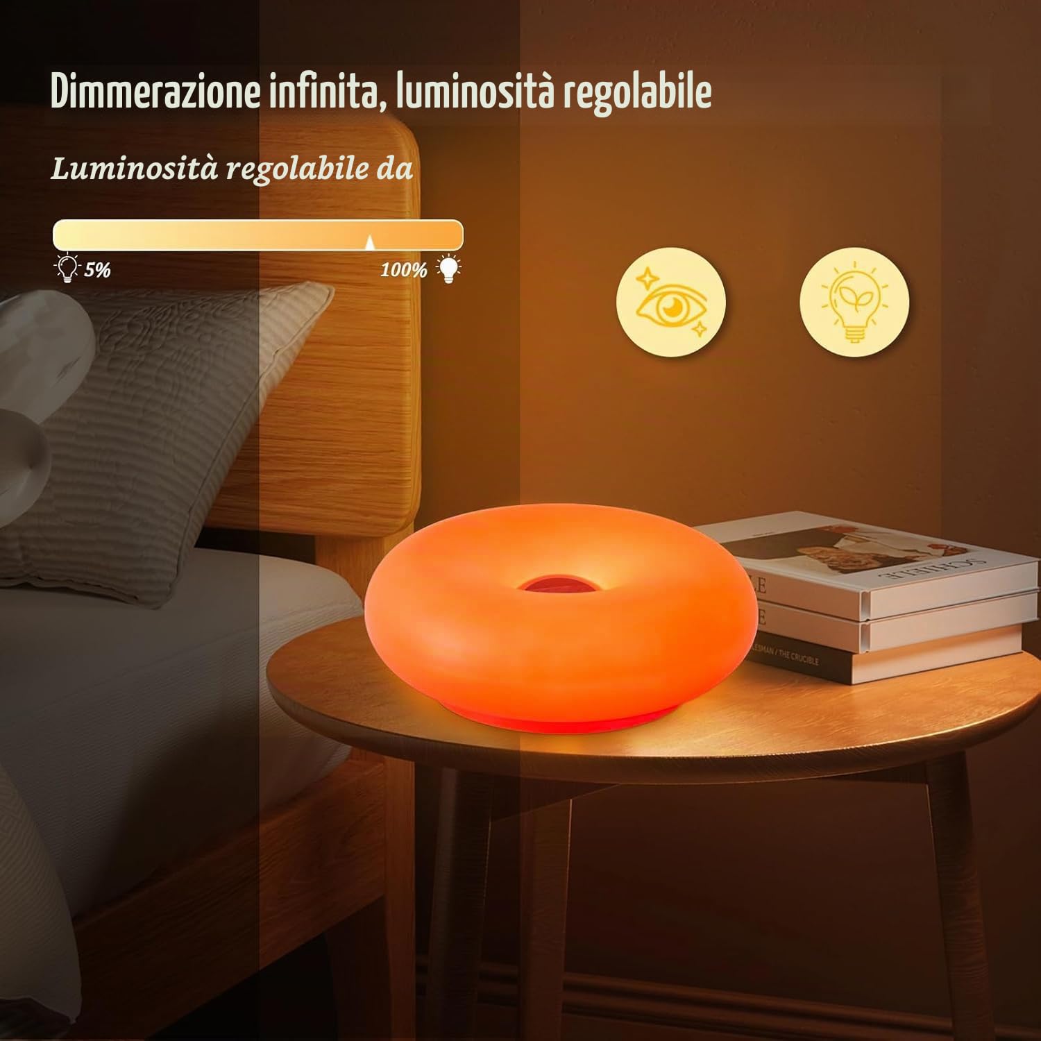 OOWOKS Lampada a ciambella, lampada da tavolo a LED arancione a forma di ciambella, senza fili, ricaricabile, dimmerabile al tocco, 3 temperature di colore, lampada da comodino retrò, luci notturne