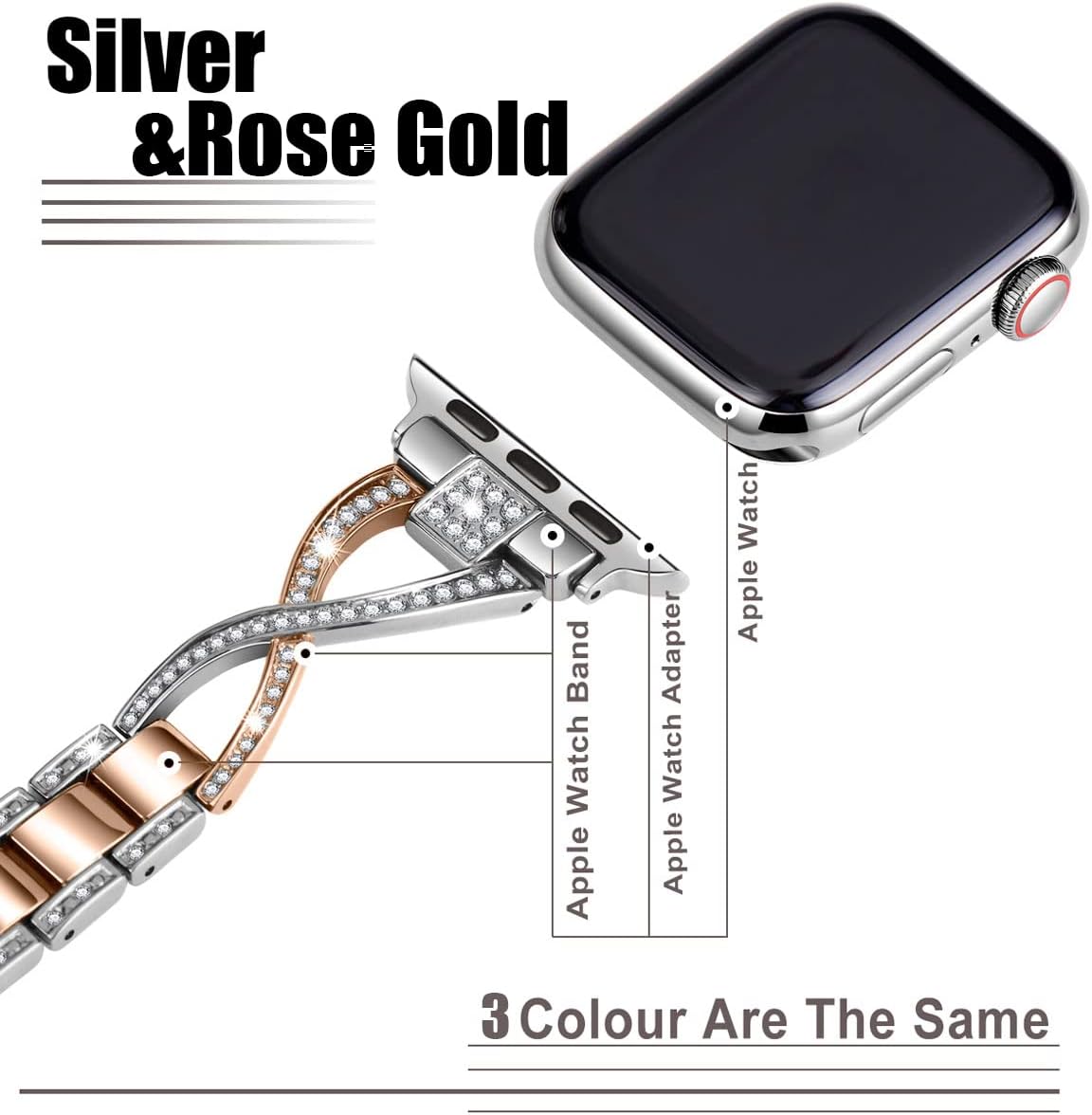 for Apple Watch Band 38mm 40mm 41mm 42mm(Series10 11) Women Series11 10 9 8 7 6 5 4 SE iwatch Bands Bling Metal Bracelet Cute Dressy Strap Silver rose gold - Image 4