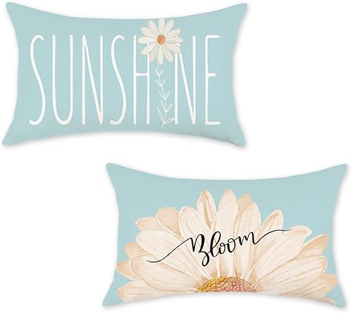 ONWAY Juego de 2 fundas de almohada lumbar de primavera de 12 x 20 pulgadas, fundas decorativas para cojín de margaritas de granja con estampado de