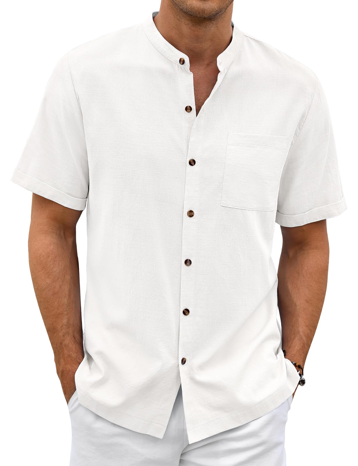 Lonya Camicia Uomo in Cotone e Lino Manica Corta con Bottoni Casual Estiva Regular Fit Henley Shirt in Tinta Unita con Taschino Estiva Beach Spiaggia