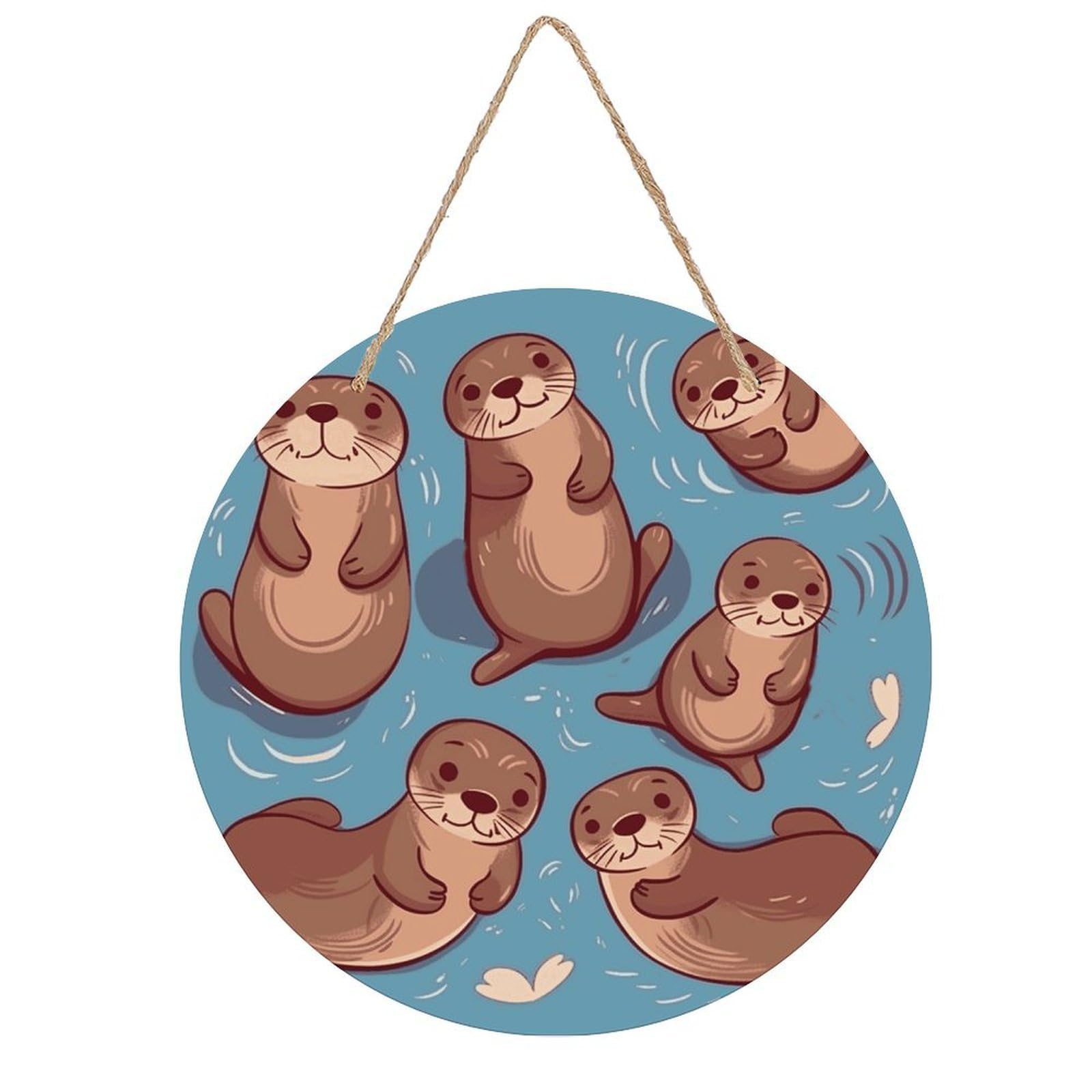 FekiLoot Animal Cute Brown Otters Welcome Sign Wall Decor Round Wood Hanging Sign Decoration Farmhouse Wall Signs Wall Plaque Funny Welcome Decor Door Hanger for Home Front Door Porch Office