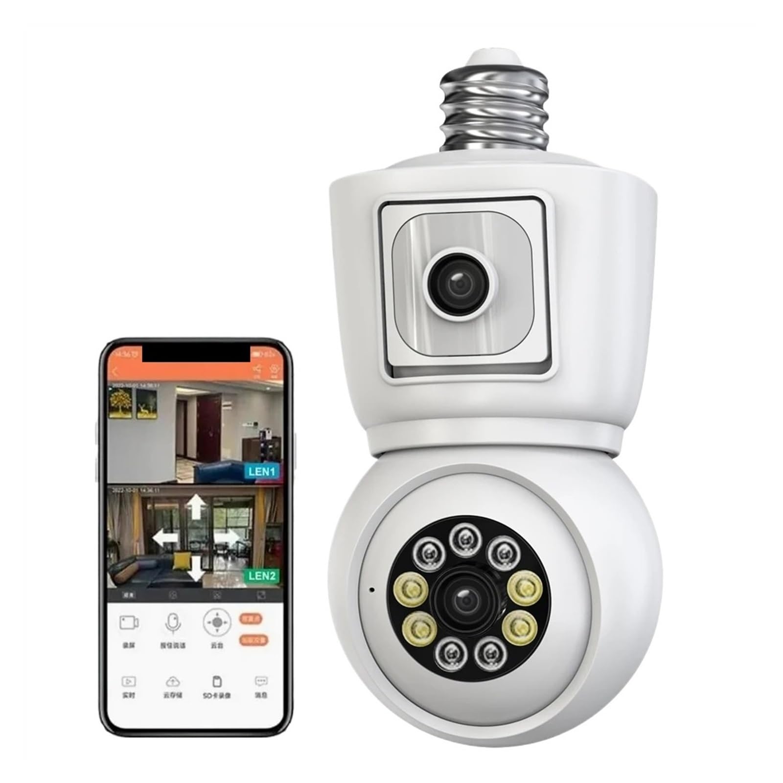 Telecamera Wifi Esterno, Telecamera 4K 8MP E27 Lampadina Doppia lente Doppio schermo Monitoraggio automatico Audio bidirezionale Visione notturna a colori Telecamera di sicurezza esterna ,Sicurezza, A