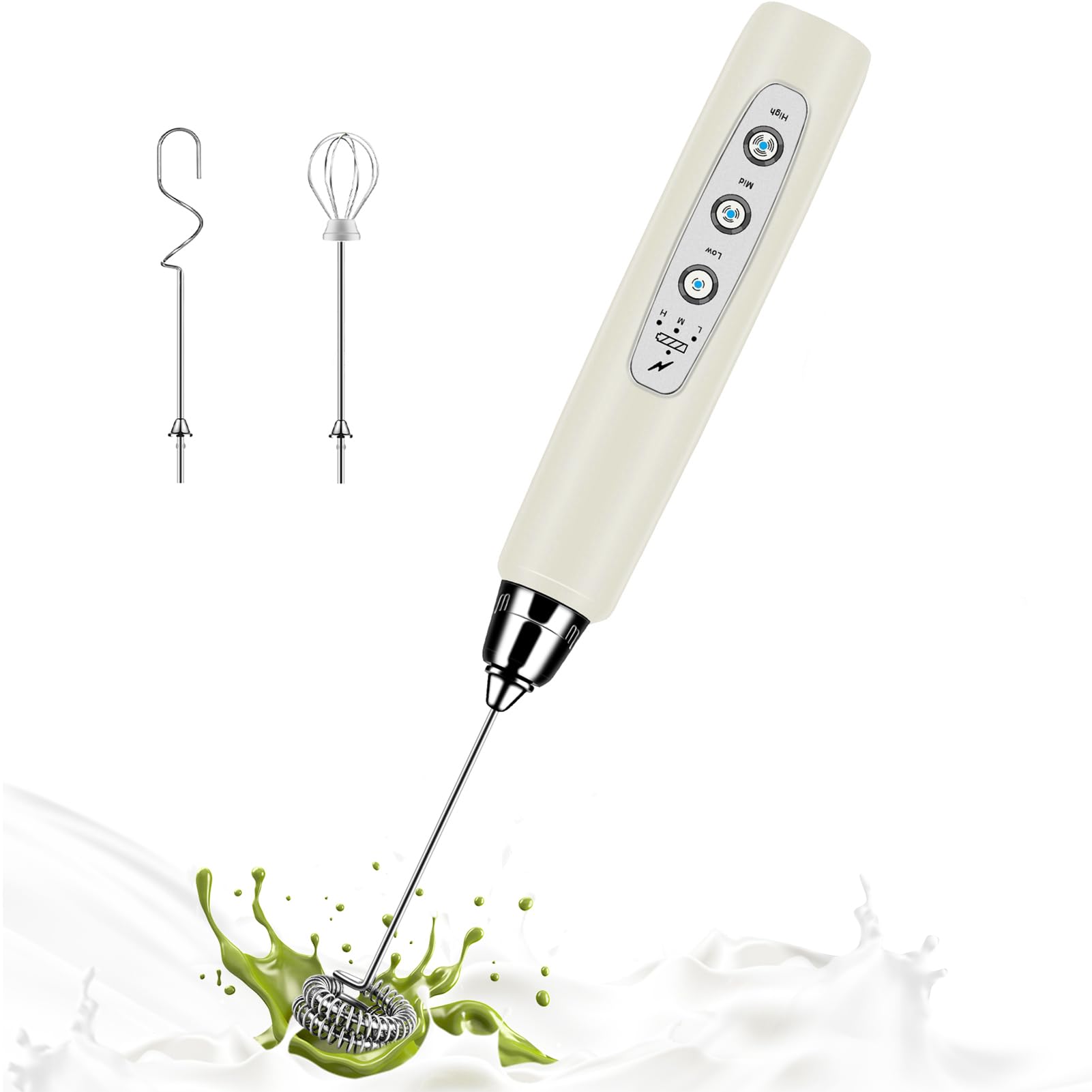 Milk Frother Handheld for Coffee, Electric Whisk 3 Speed Adjustable, Drink Mixer with Stainless 3 Whisks, Rechargeable Hand Frother Wand, Foam Maker for Latte Cappuccino Matcha Egg Beige