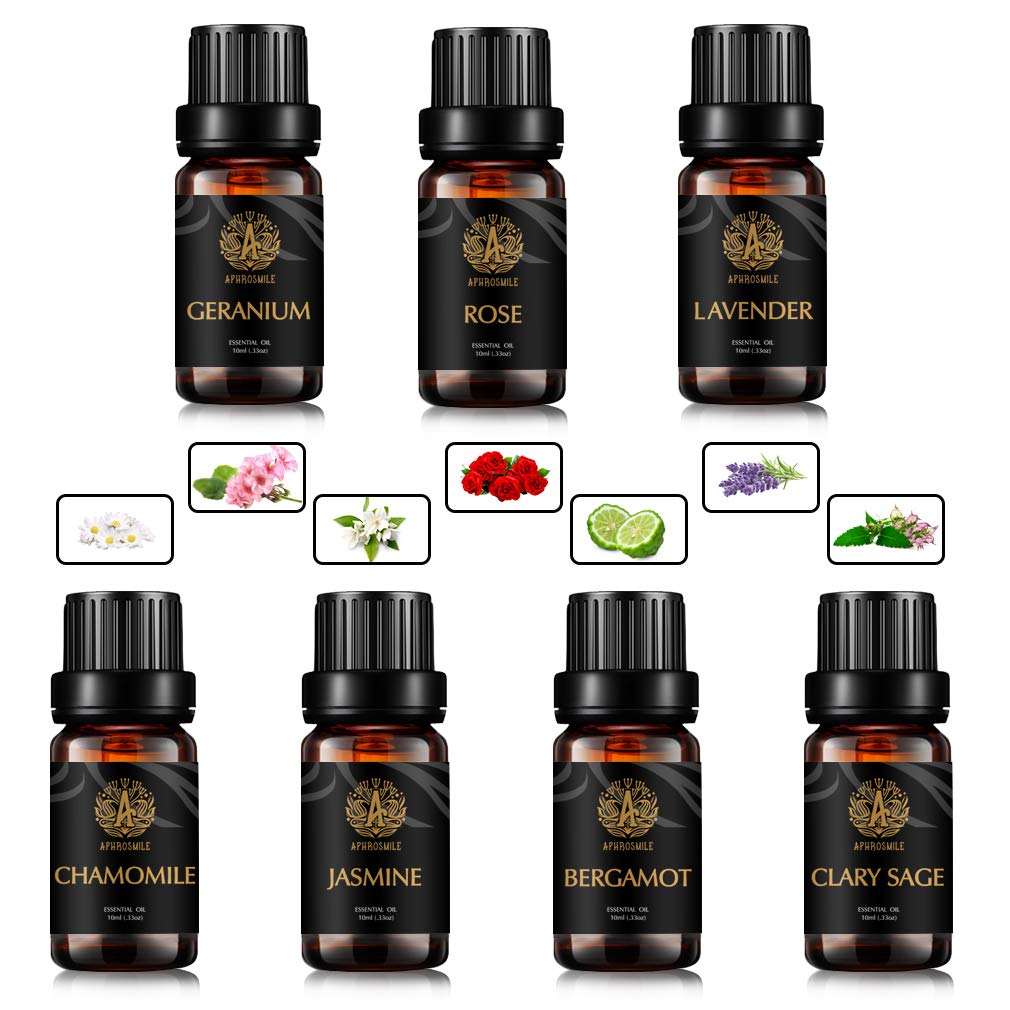 Aromatherapie Rose ätherisches Öl Set für Diffusor, 7x10ml 100% reine Kamille ätherisches Öl Kit für Luftbefeuchter - Bergamotte, Clary Salbei, Jasmin, Geranium, Lavendel ätherische Öle Set