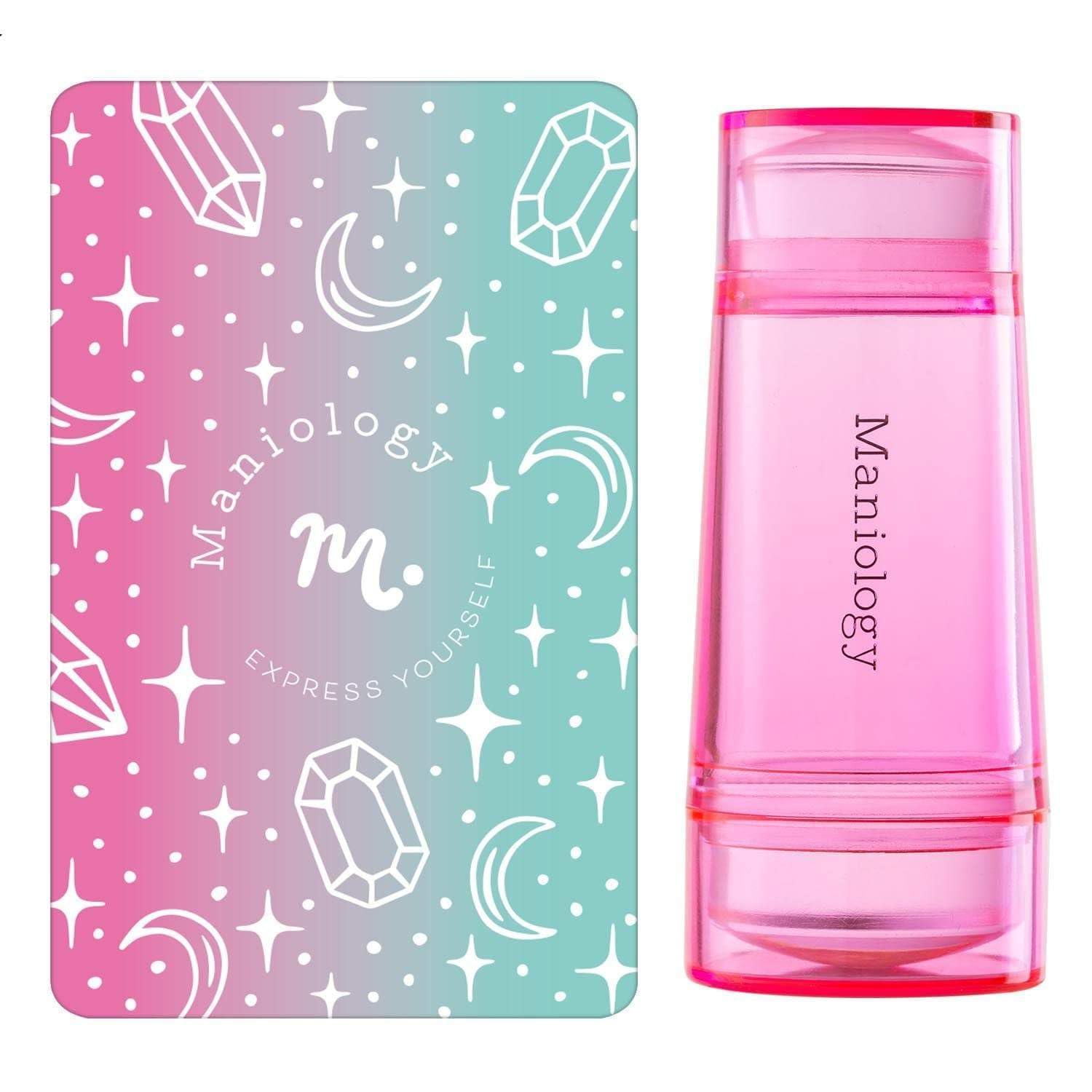 Maniology Clear Dual-Ended Stamper with Pink Tinted Handle and Scraper Card, Nail Art Stamping Tool Essentials
