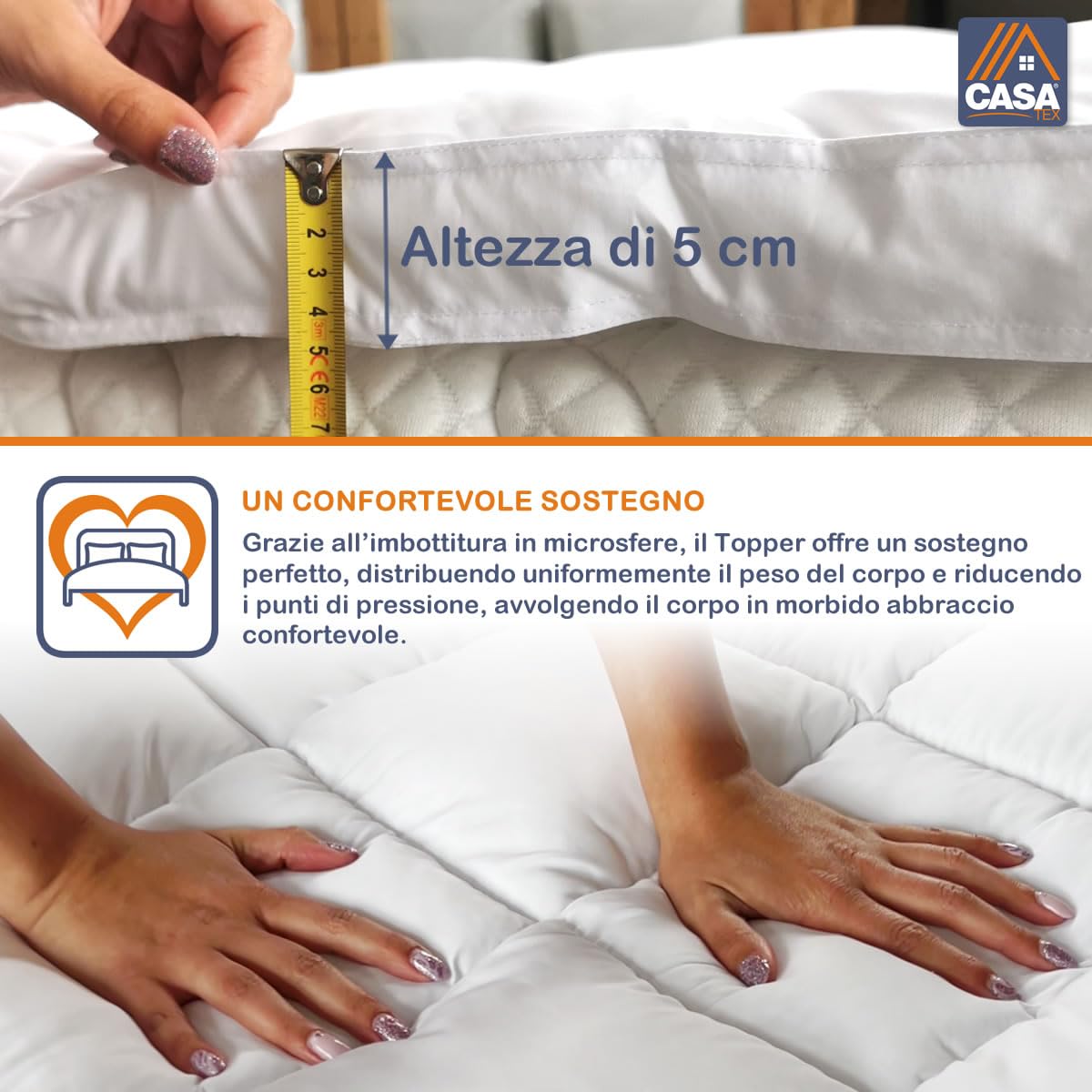 CASATEX | Topper Bed in Microsfere 5 cm – Coprimaterasso Trapuntato e Soffice, 100% Anallergico e Traspirante, corregge i difetti del materasso | Matrimoniale 170x200x5 cm