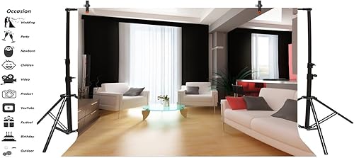 Miniatura 4 de Leyiyi 7x5ft Fotografía Fondo Chic Sala Fondo Hotel Negocios Caffee Moderno Oficina Diseño Interior Sofás Piso de Madera Ventanas Francesas Cortina