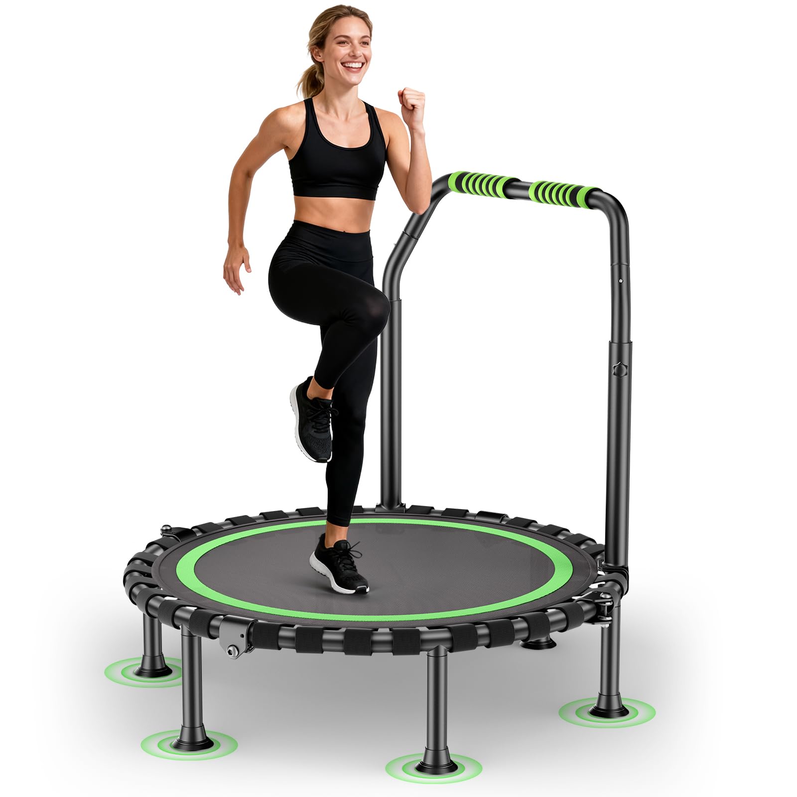 Trampolino pieghevole Ø 101 cm, per jumping fitness, portata 150 kg, altezza del corrimano regolabile, allenamento di resistenza, diversi gruppi di persone