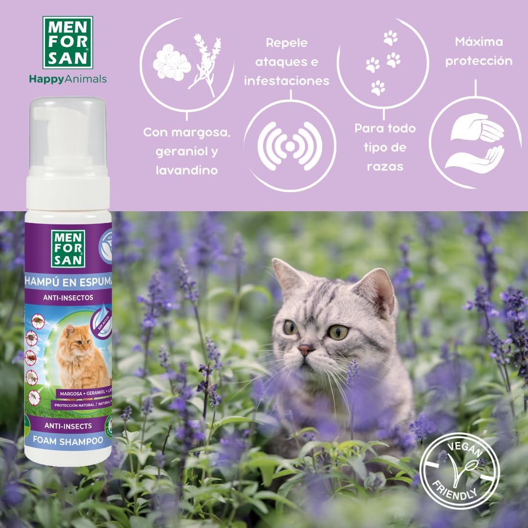 MENFORSAN Shampooing Moussant Anti-Puces pour Chats 200ml, avec Margosa, Geraniol et Lavandin, Élimine Tous Les Types d'insectes