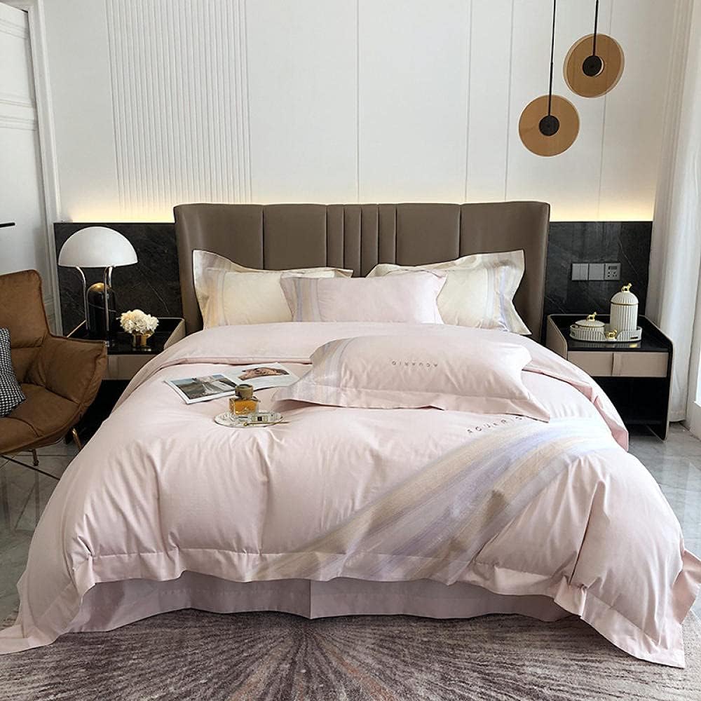 Double Duvet Set Simple 100-year-old Velvet Cotton Four Sets of Light Luxury Bed Single Soft Cotton 1.8 Embroidery -White_2.0 m Bed (Peach Powder 1.5)