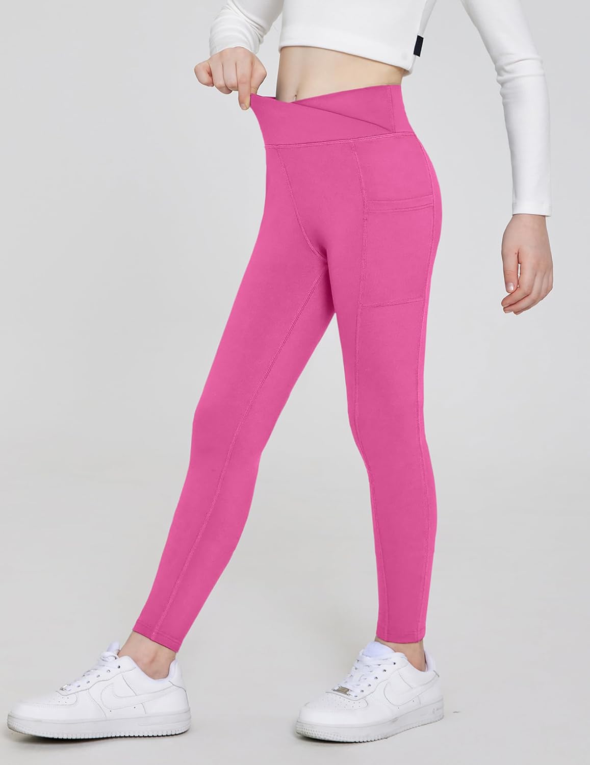 Arshiner Girls Athletic Leggings with Pockets Kids Crossover High Waisted Dance Workout Running Yoga Pants - Image 3