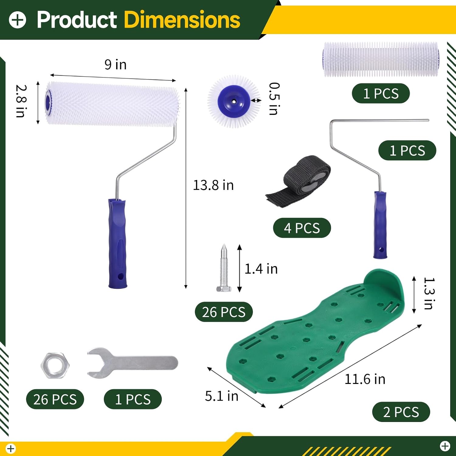 Spiked Roller and Shoes Kit, 9 in Screed Spiked Roller with Spike Shoes, Self-Leveling Concrete Roller, Epoxy Flooring Spike Tool Set, Air Bubble Removal for Self-Leveling Compound