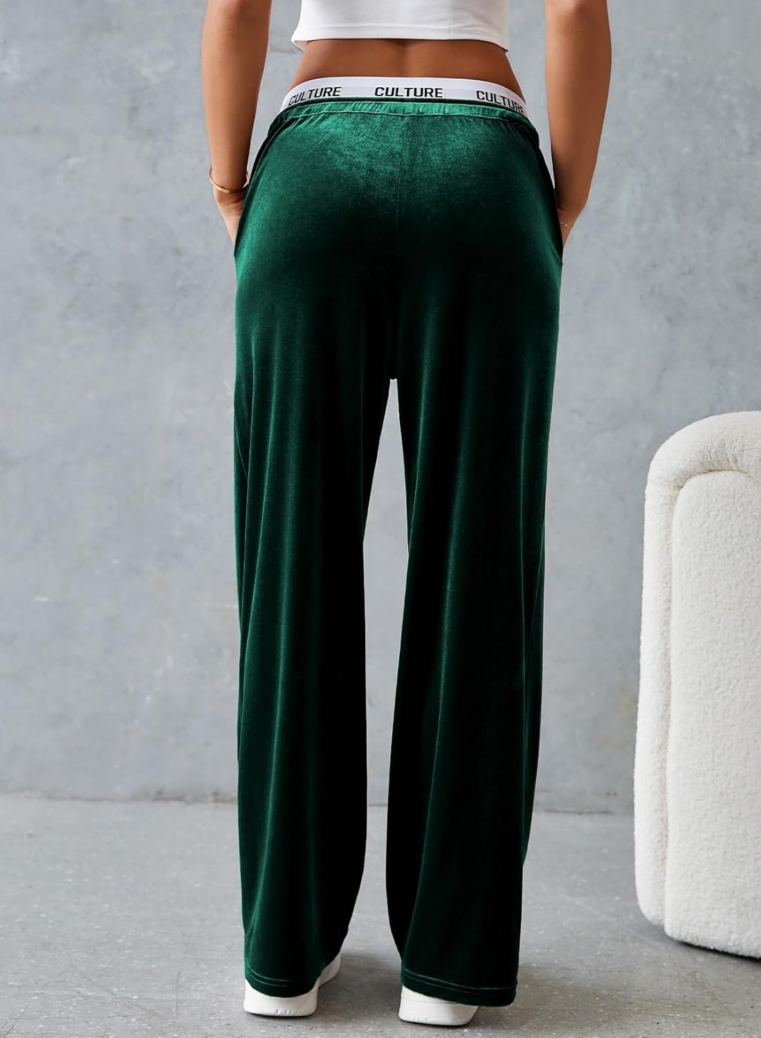 Herseas Women's High Waisted Wide Leg Contrast Waistband Long Pants 2025 Fall Casual Front Tie Velour Sweatpants - Image 3