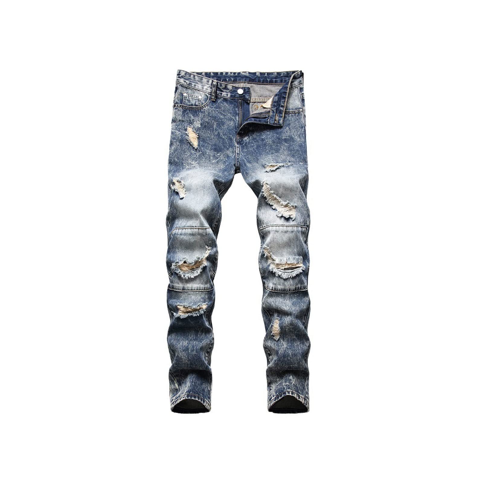 AOMAJKAOMAJK Men's Jeans, Men Nostalgic Retro Jeans Tide Ripped Denim Pants Business Casual Hip Hop Street Style Clothing (Color : Hortel�, Size : 38)
