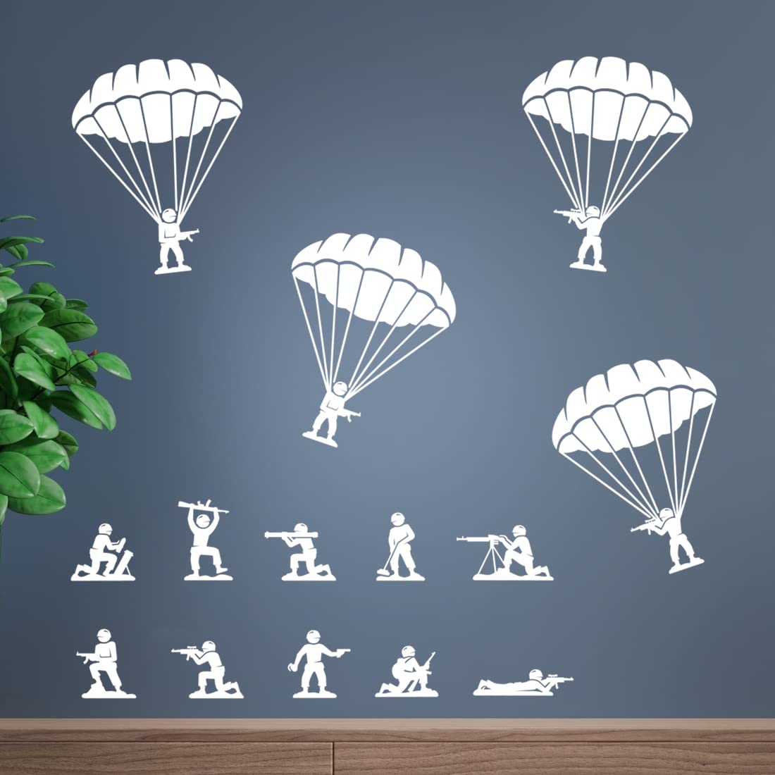 Wall4stickers Boys White Helicopter Soldiers Army Wall Stickers, Military Vinyl Decals, 'S Room Decoration, Paratroopers Parachute From Helicopter