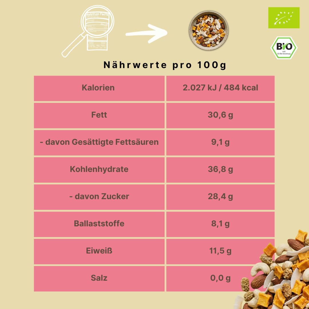 Bio Studentenfutter "Mango-Moment" | 1,0 kg | mit Mangostücken, Cashewkernen, Mandeln, Kokoschips & Maulbeeren | Exotische Nuss-Frucht-Mischung | Vegan