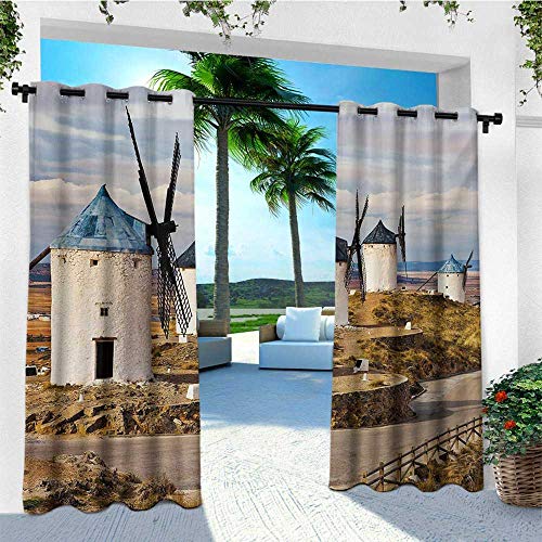 leinuoyi Windmill, Sun Zero Outdoor Curtains, Medieval Spain Windmills in Consuegra Old Historical Landmark, for Patio Waterproof W96 x L96 Inch Blue White Pale Brown